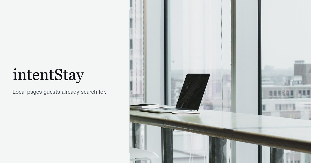 intentStay workspace overlooking a city skyline: one hotel page graded on two scoreboards—classic SEO ranking and GEO visibility inside AI answers.